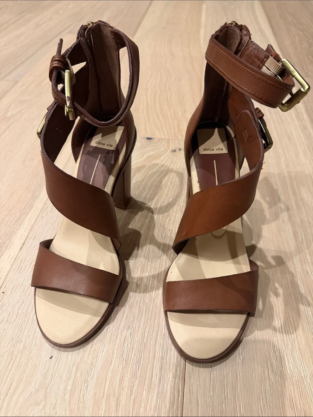 Dolce Vita Cognac Brown Leather Block Heel Sandals